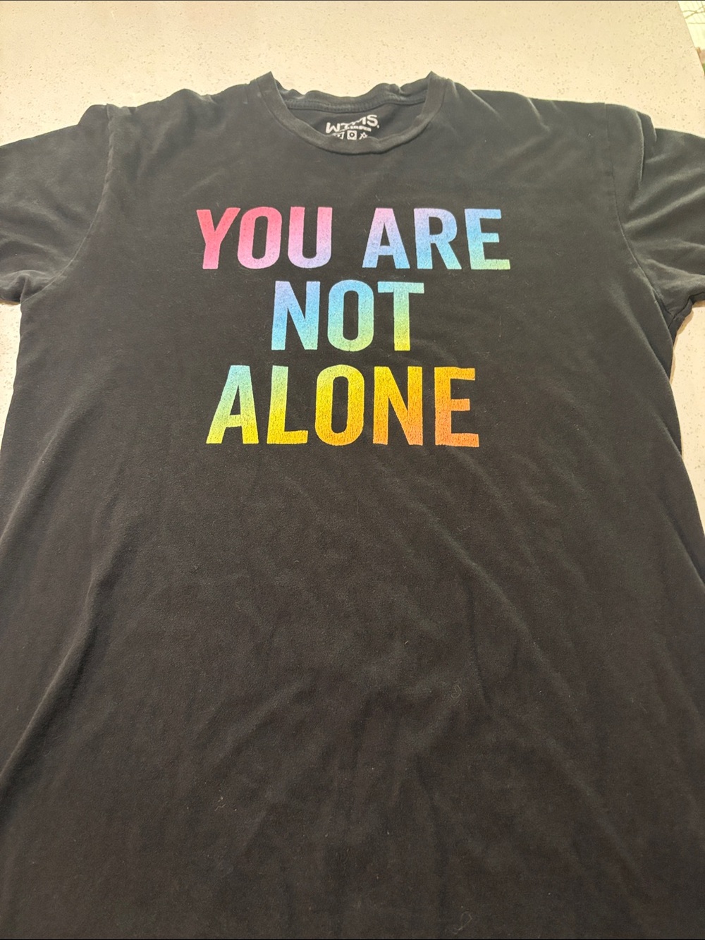 WTMS Black Graphic Tee "You Are Not Alone" with Rainbow Text any sex